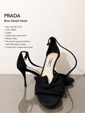 Prada Black Suede Bow Ankle-Strap Heels